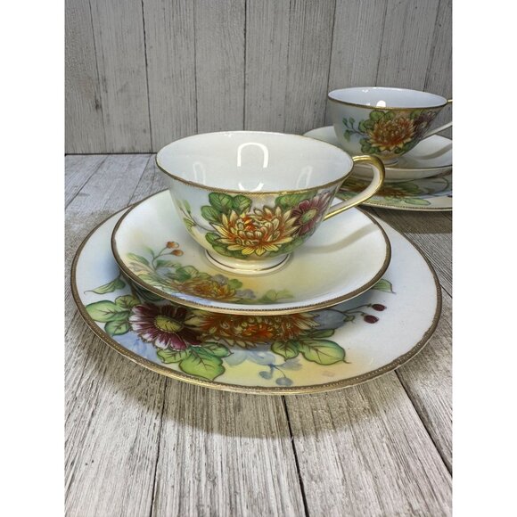 Vintage Shofu China Tea Cups & Saucers Floral Design Gold Rim Japan - Set of 2 - Picture 3 of 10